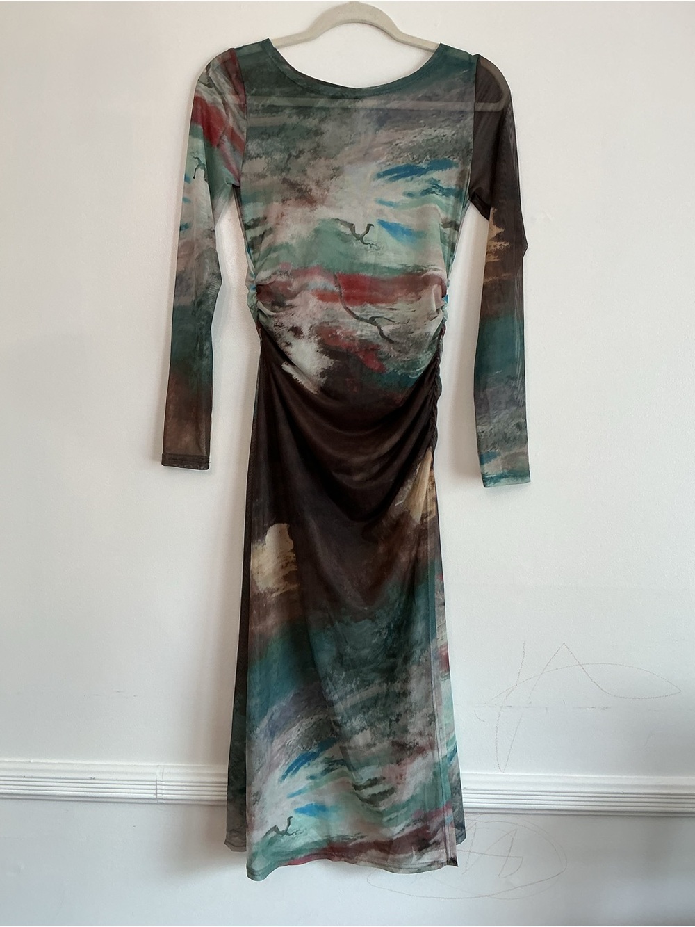 Daisy Watercolor-Effect Long Sleeve Midi Dress - Teal & Brown Multicolor